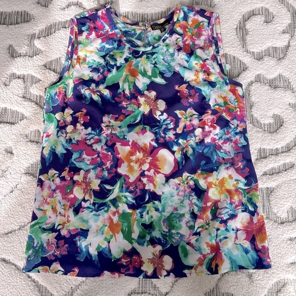 Dalia Blue  Floral Print Shell Blouse Top Sz S